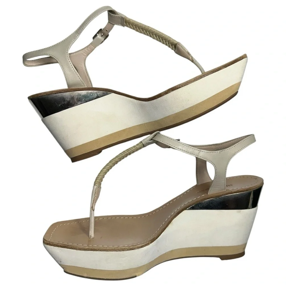 Jil Sander Women’s 37 7 White Tan Metallic Gold Roped T-Strap Platform Sandals
